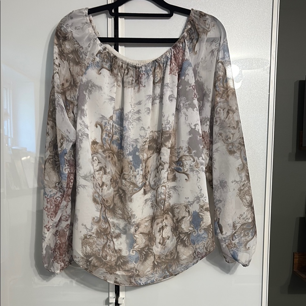 Joseph Ribkoff Relaxed Cream and Brown Blouse with open Bell Sleeves